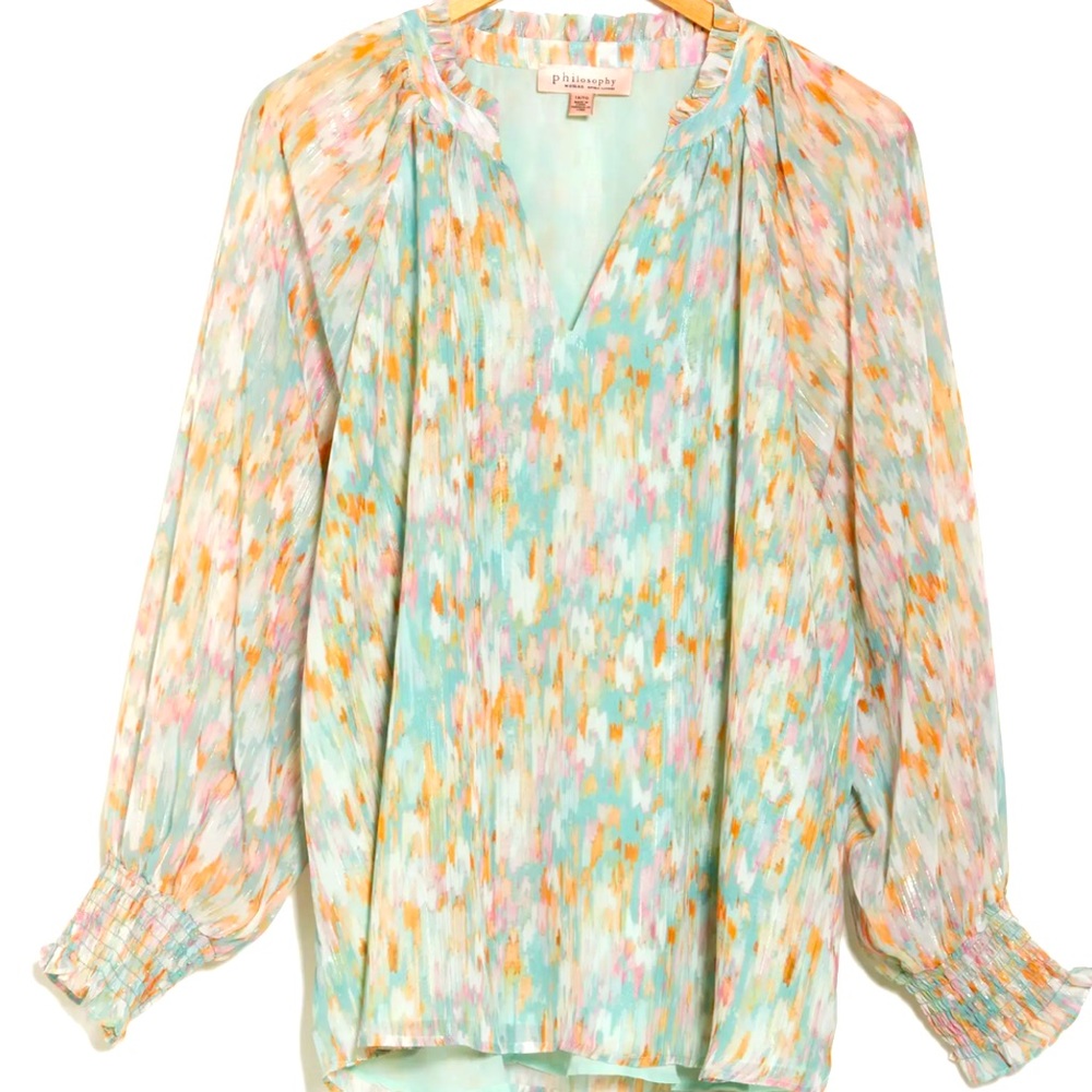 NWT Philosophy Split Neck Metallic top SZ M great for spring, sheer/ lined
